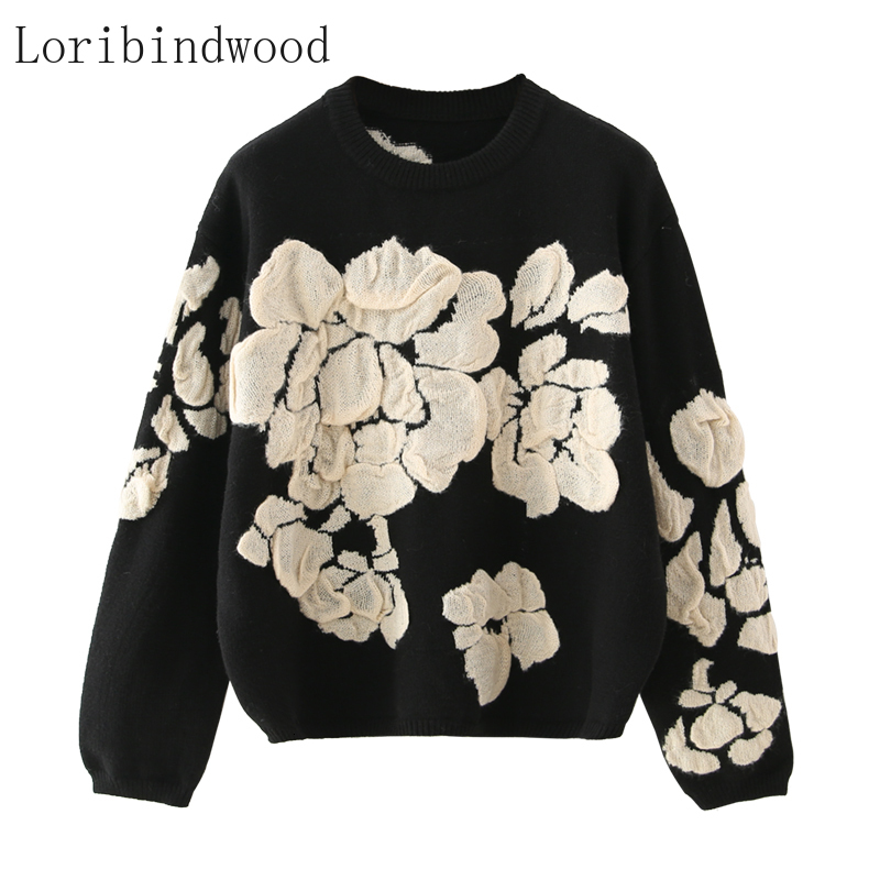 Women's Sweaters Autumn Winter Floral Print Women Knitted Pullover Femme High Quality Oversize black Jumper 221123