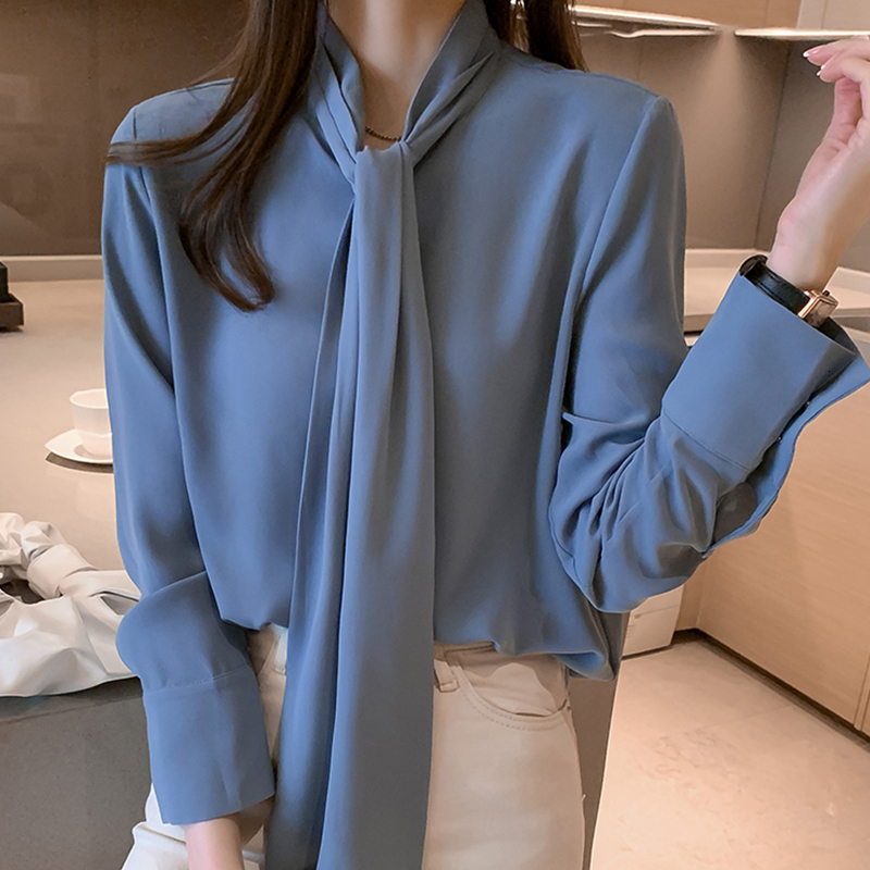 Women's Jumpsuits Rompers H Han Queen Spring Autumn Simple Office Lady Blouse Female Shirt Bow Tops Long Sleeve Casual Korean OL Style Loose Blou