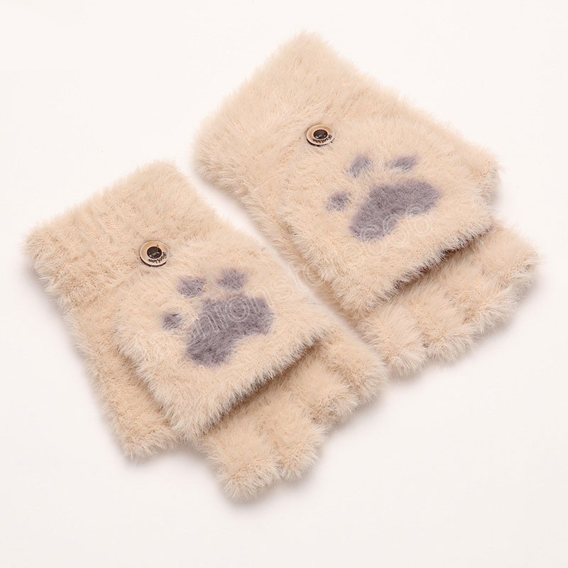 Warm Soft Rabbit Fur Knit Mittens Women Flip Half Finger Plush Thick Cute Cartoon Cat Claw Touch Screen Driving Gloves