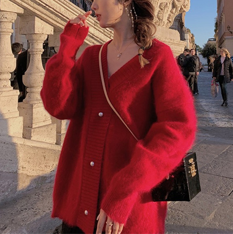 Women's Knits Tees Elegant Women Mink Cashmere Cardigan Coat Chic Autumn Winter Pearl Button V Neck Knitted Mohair Thick Loose Sweater Jacket 221