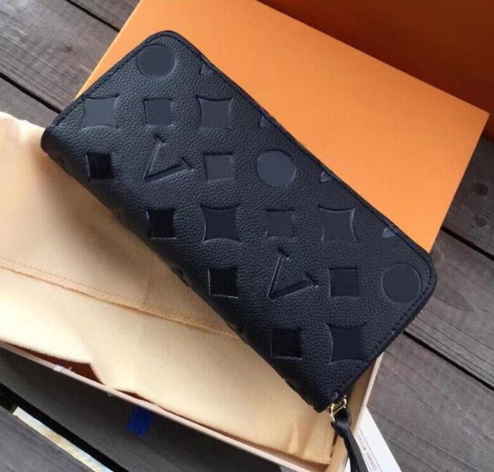 

Fashion Designer Women Clutch Wallet Embossed Flowers Genuine Leather Purses Single Zipper Wallets Lady Long Louiseity Purse Viutonity with orange Box Card 60017, Black grid