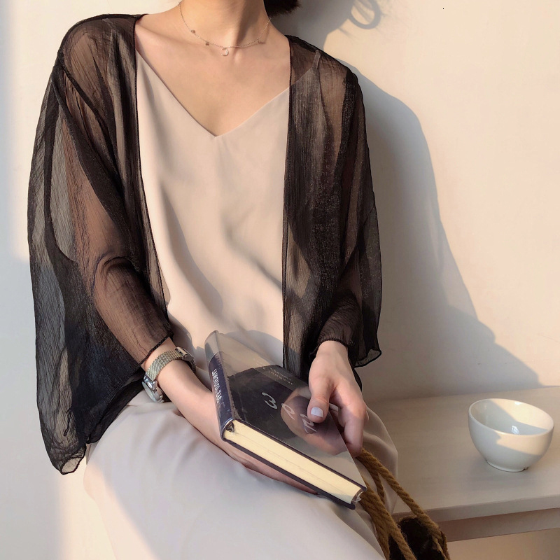 Women's Jumpsuits Rompers Pearl Diary Women summer Crinkle Chiffon Cardigan Sheer Casual Hawaii Style See Through Transparent Loose Top For Vacat