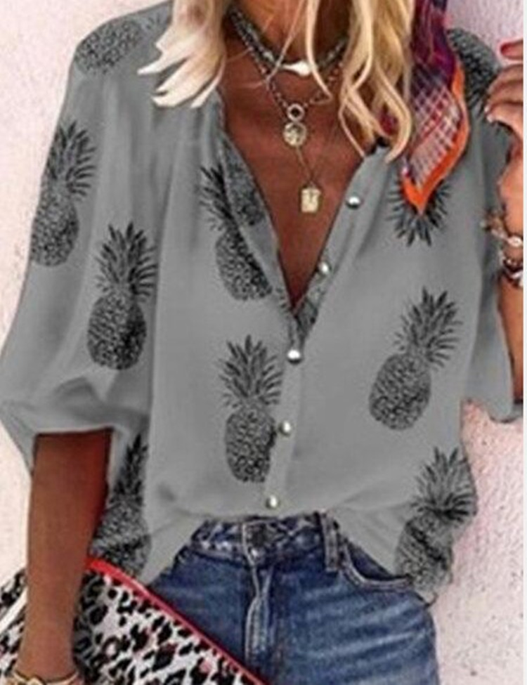 Women's Jumpsuits Rompers Casual Pineapple Print Office Blouses Women Autumn Lapel ladies shirts Fashion Button Access control Female WHITE Tops 