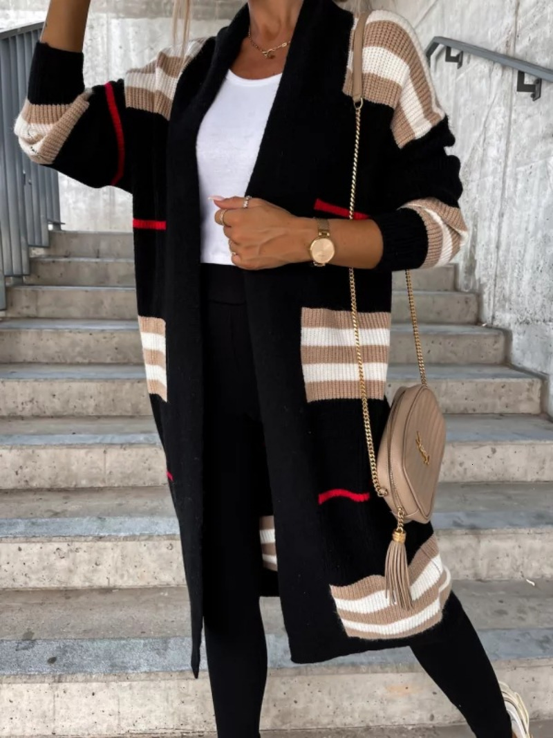 Women's Knits Tees Autumn Winter Women Stripe Sweater Cardigan Solid Color Long Sleeve Casual Streetwear Sexy Knitting Open Tops 221123