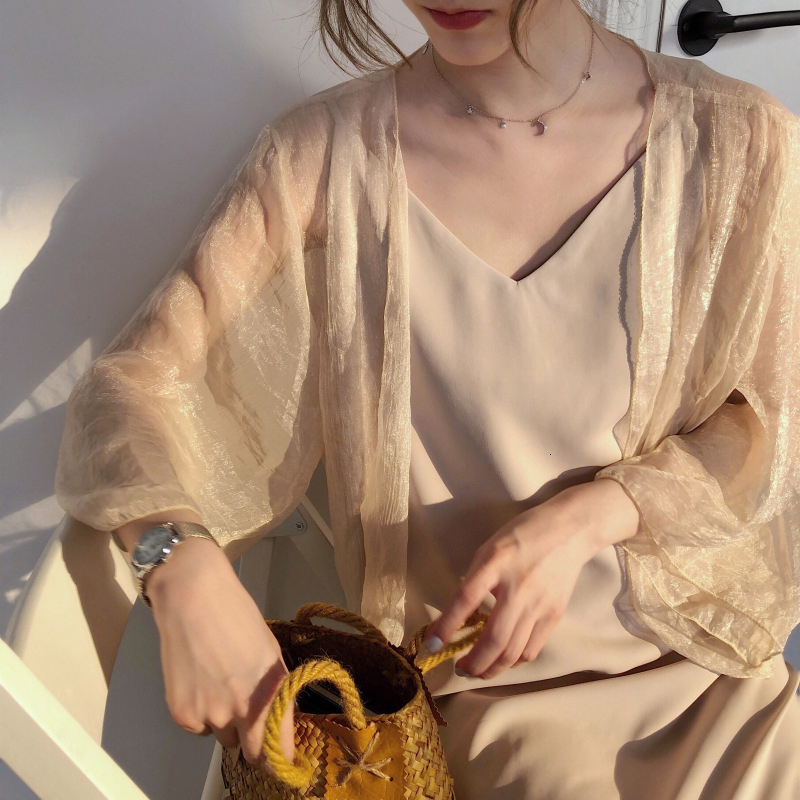 Women's Jumpsuits Rompers Pearl Diary Women summer Crinkle Chiffon Cardigan Sheer Casual Hawaii Style See Through Transparent Loose Top For Vacat