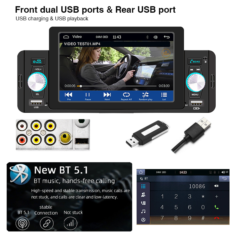 5 inch Apple CarPlay Car Stereo FM Radio MP5 Player Android Auto Mirrorlink Bluetooth Hands Free TF USB FM Receiver Audio System