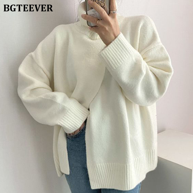 Women's Sweaters BGTEEVER Elegant Solid Turtleneck for Women Casual Long Sleeve Front Split Female Knitted Pullovers Autumn Winter 221123