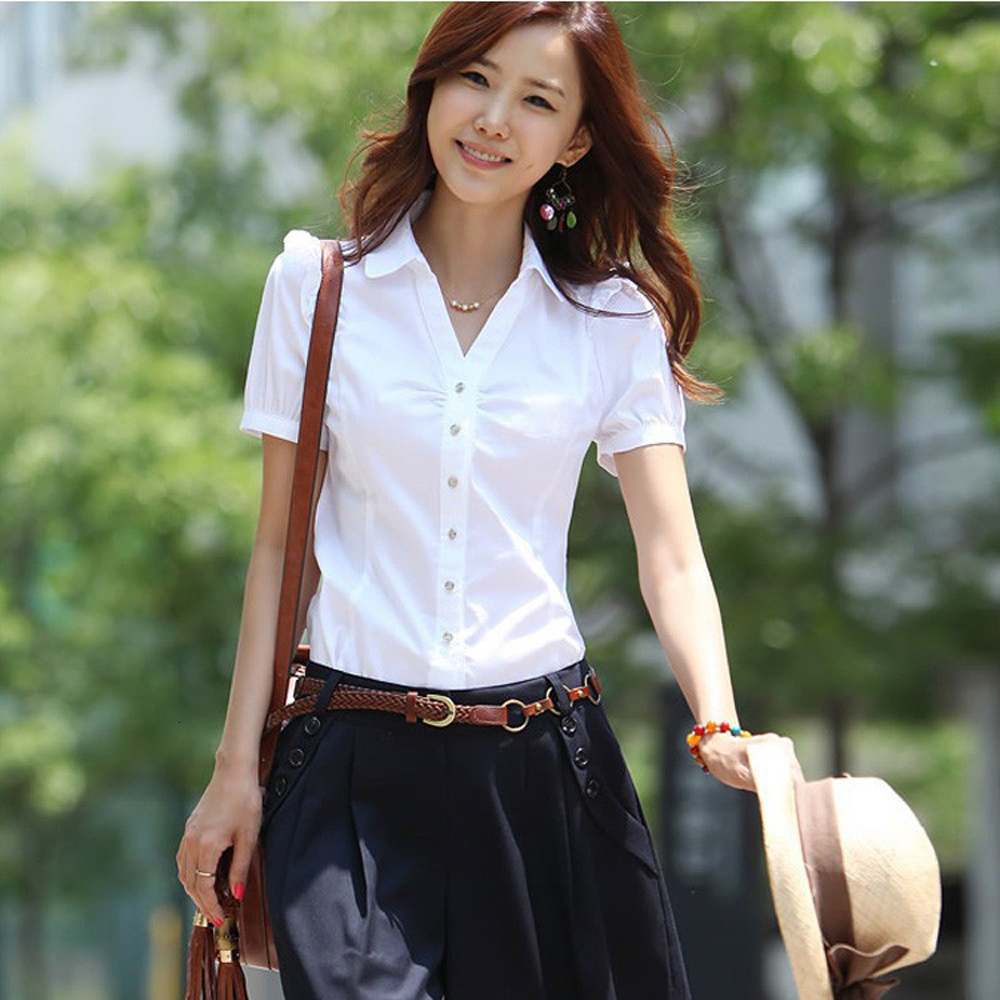 Women's Jumpsuits Rompers Plus Size 5XL Summer Women's Short Sleeve Cotton Blouses Shirts Ladies Office Wear Elegant Blouse Feminina White F