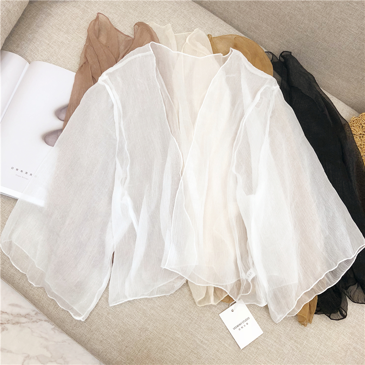 Women's Jumpsuits Rompers Pearl Diary Women summer Crinkle Chiffon Cardigan Sheer Casual Hawaii Style See Through Transparent Loose Top For Vacat