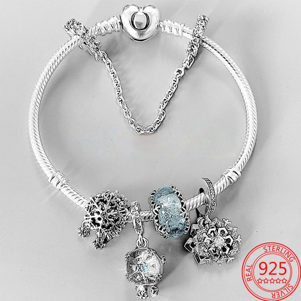 The New Popular 925 Sterling Silver Winter Series Snowflake Charm Blue Glass Beads Snowball Angel Pendant Bracelet Women's Jewelry Christmas Gift