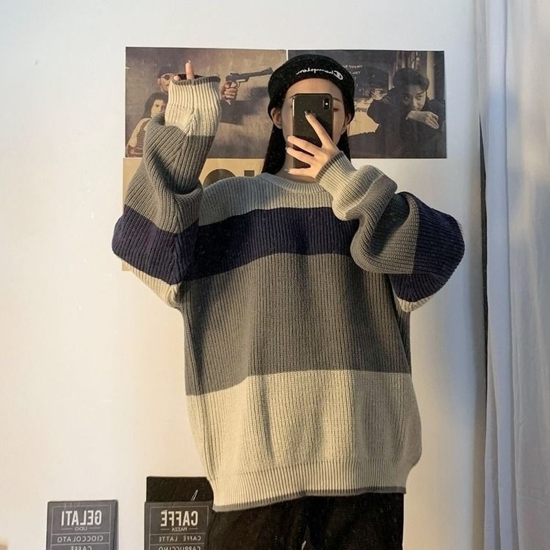 Women's Sweaters Pullovers Women High Street Chic BF Style Striped Harajuku Loose Soft Teens Clothing Fall Stylish Long Sleeve Feminino Knitwear 