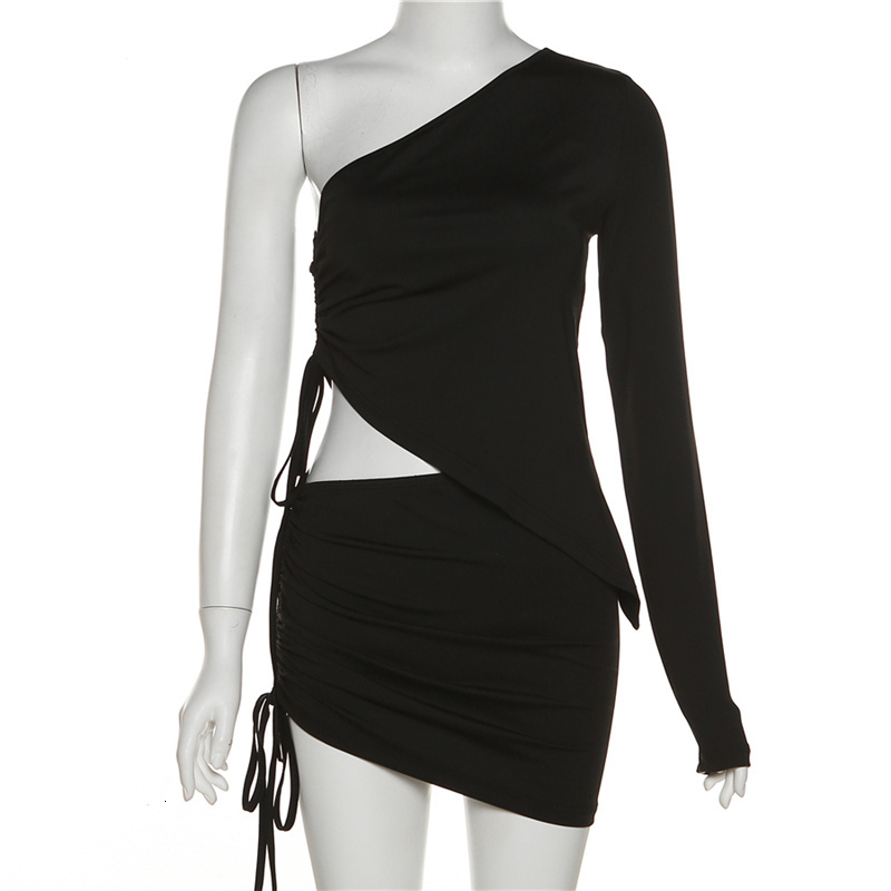 Two Piece Dress AoBiu Solid Irregular Drawstring 2 Piece Set Women Sexy Skew Collar One Shoulderr Crop TopsMini Skirts Matching Skinny Outfits 221123