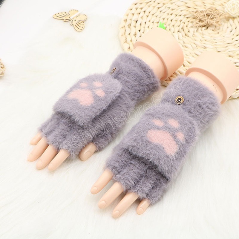 Warm Soft Rabbit Fur Knit Mittens Women Flip Half Finger Plush Thick Cute Cartoon Cat Claw Touch Screen Driving Gloves