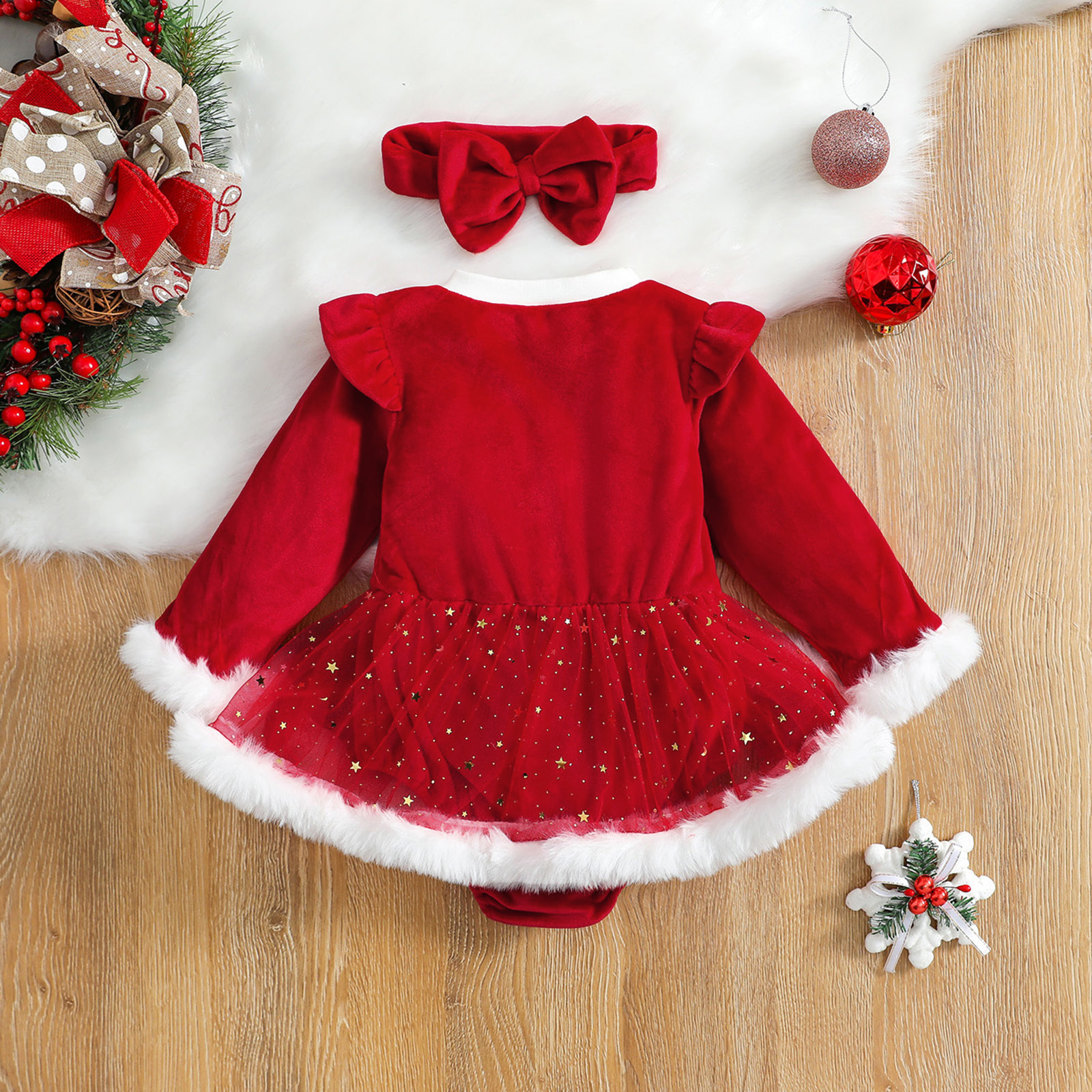 Rompers 2Pcs Infant born Baby Girls Christmas Outfit Plush Patchwork Long Sleeve Romper Dress Hairband Set for Toddler 0-24 Months 221122