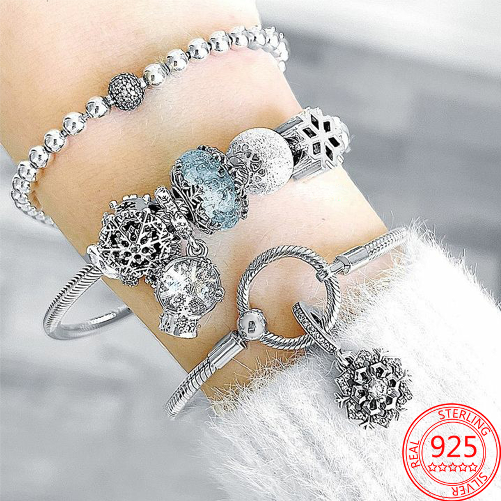 The New Popular 925 Sterling Silver Winter Series Snowflake Charm Blue Glass Beads Snowball Angel Pendant Bracelet Women's Jewelry Christmas Gift
