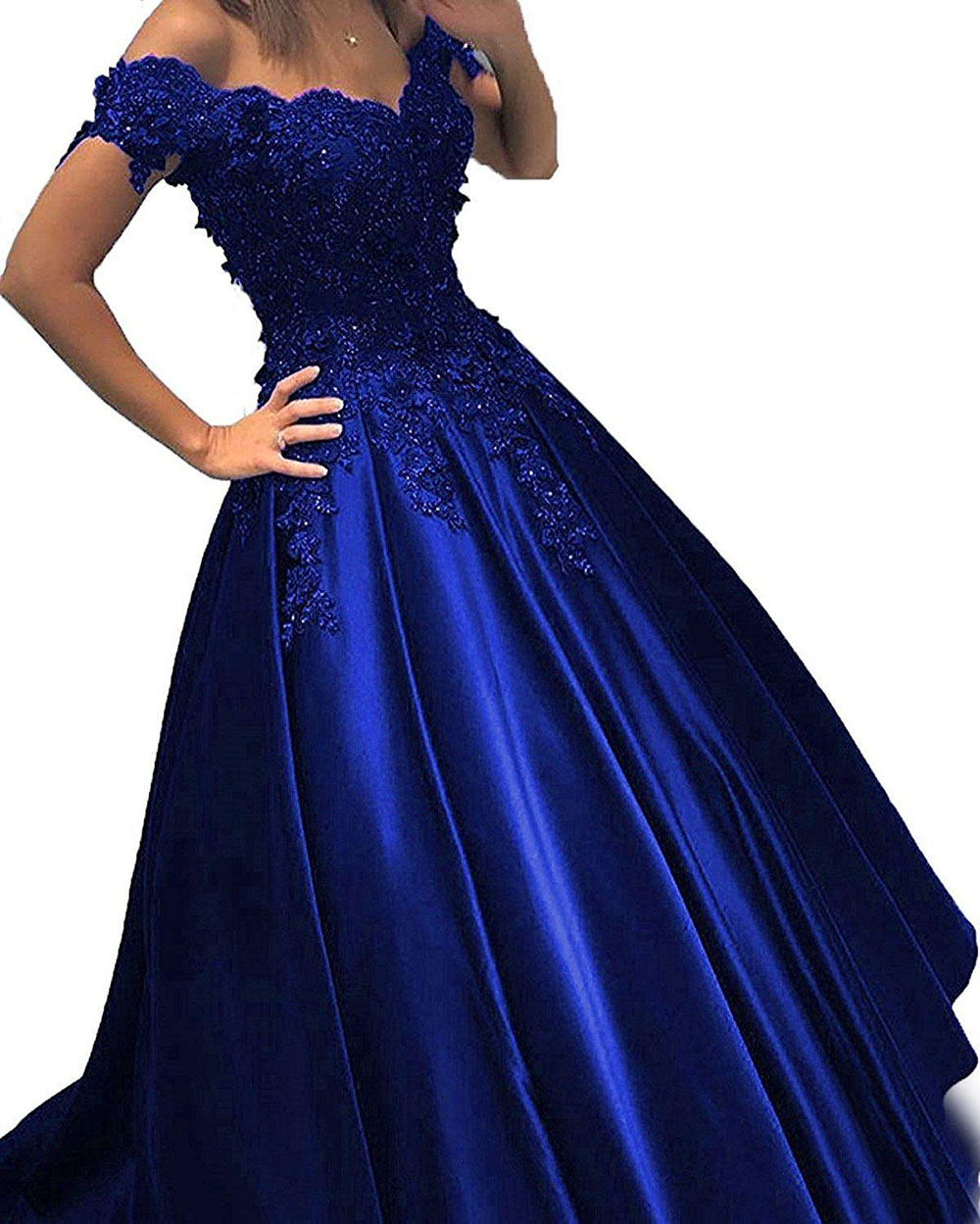 New Royal Blue Ball Gown Cheap Prom Dress Off the shoulder Lace 3D Flowers Beaded Corset Back Satin Evening Formal Dresses Gowns