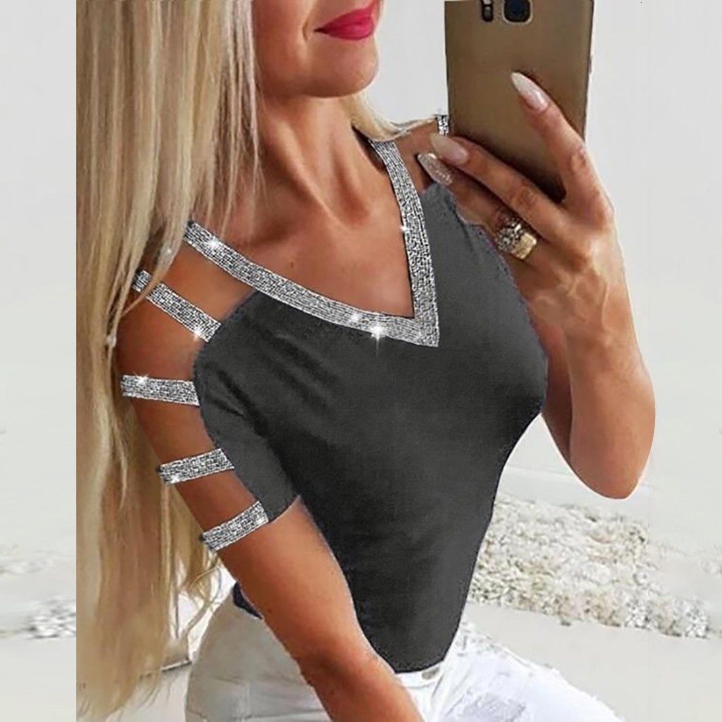 Women's Jumpsuits Rompers Women Sequins Blouse V Neck Sexy Hollow Out Blouses Summer Fashion Short Sleeve Shirt Top Female Casual Glitter Tunic T