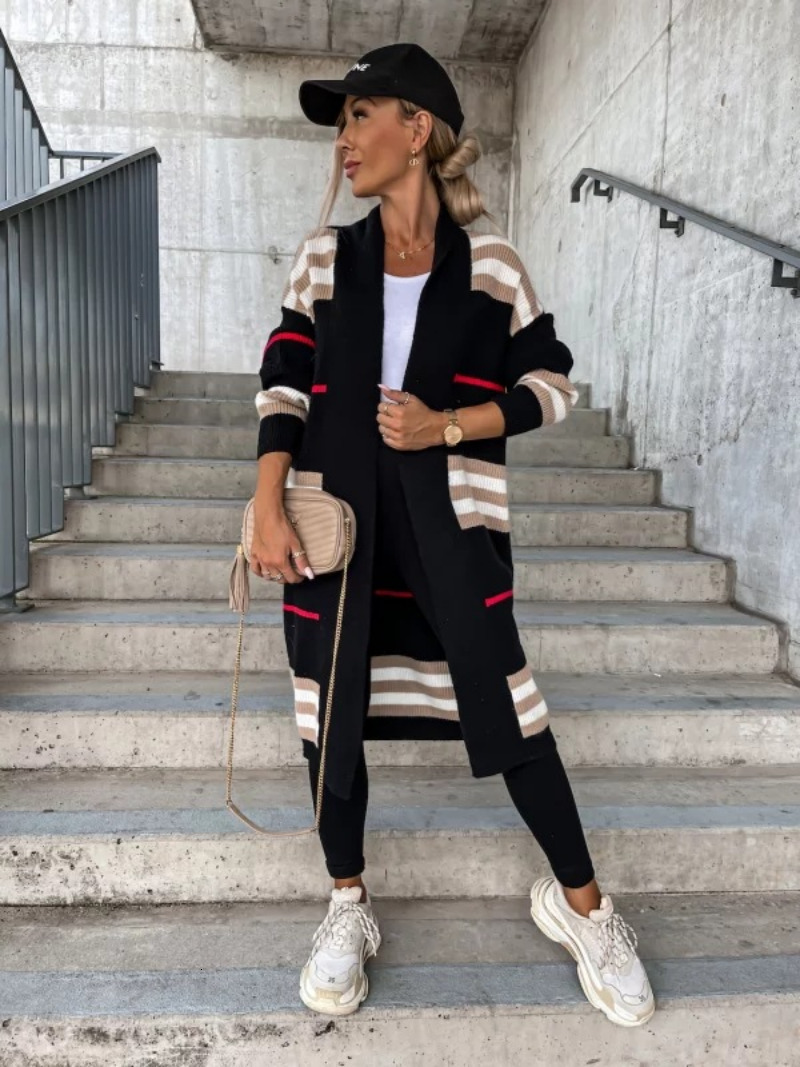 Women's Knits Tees Autumn Winter Women Stripe Sweater Cardigan Solid Color Long Sleeve Casual Streetwear Sexy Knitting Open Tops 221123