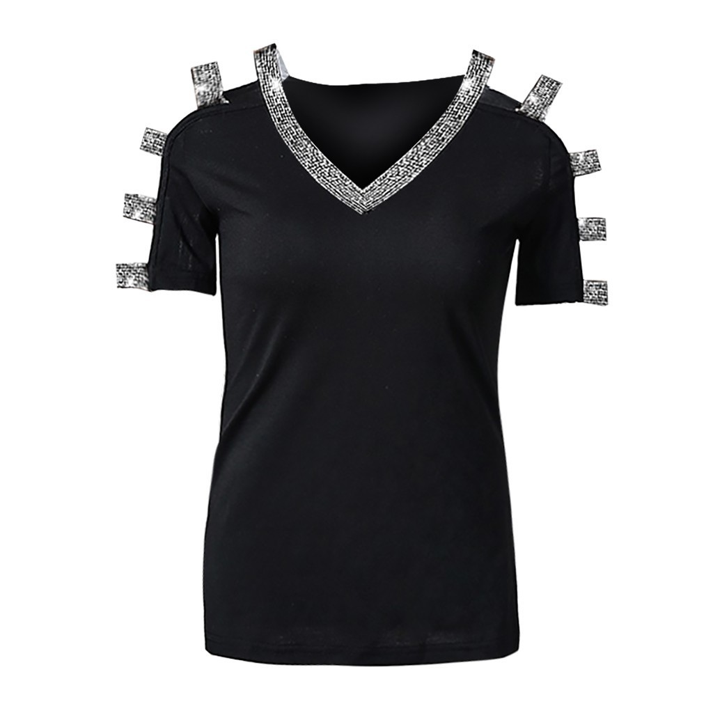 Women's Jumpsuits Rompers Women Sequins Blouse V Neck Sexy Hollow Out Blouses Summer Fashion Short Sleeve Shirt Top Female Casual Glitter Tunic T