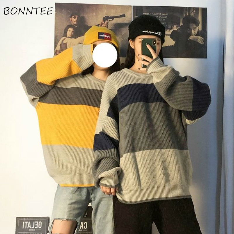 Women's Sweaters Pullovers Women High Street Chic BF Style Striped Harajuku Loose Soft Teens Clothing Fall Stylish Long Sleeve Feminino Knitwear 