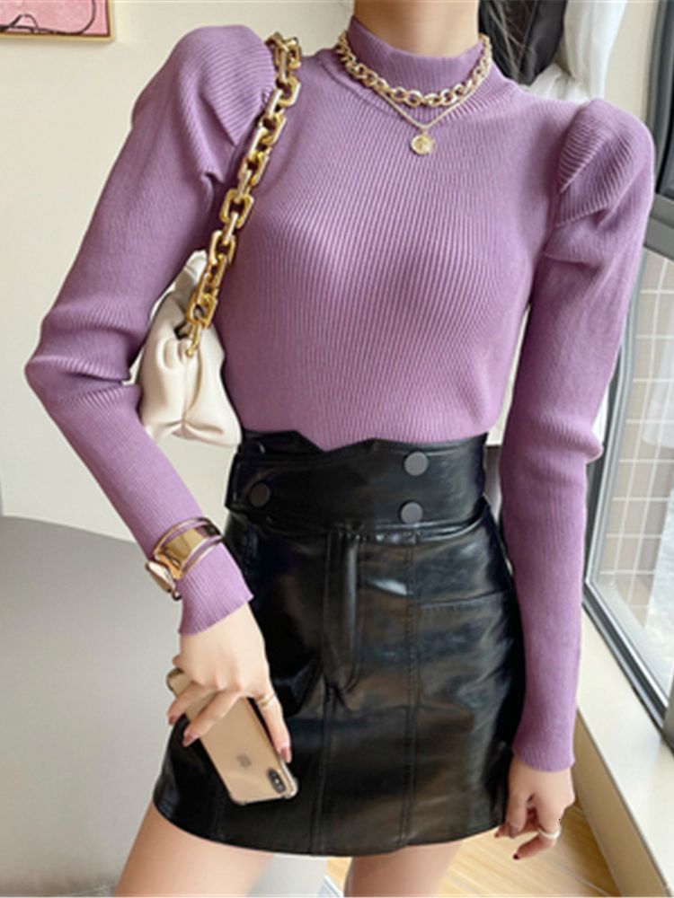 Women's Sweaters Vintage Puff Long Sleeve Turtleneck Knitted Sweater Pullovers Girls Solid Stretchy Streetwear Winter Thick Tops Jumpers Women 22