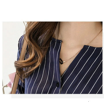 Women's Jumpsuits Rompers Arc Neckline Vertical Stripe Elegant Women Blouse Large Size Threequarter Sleeve Show Collarbone Loose Slim Women Strip