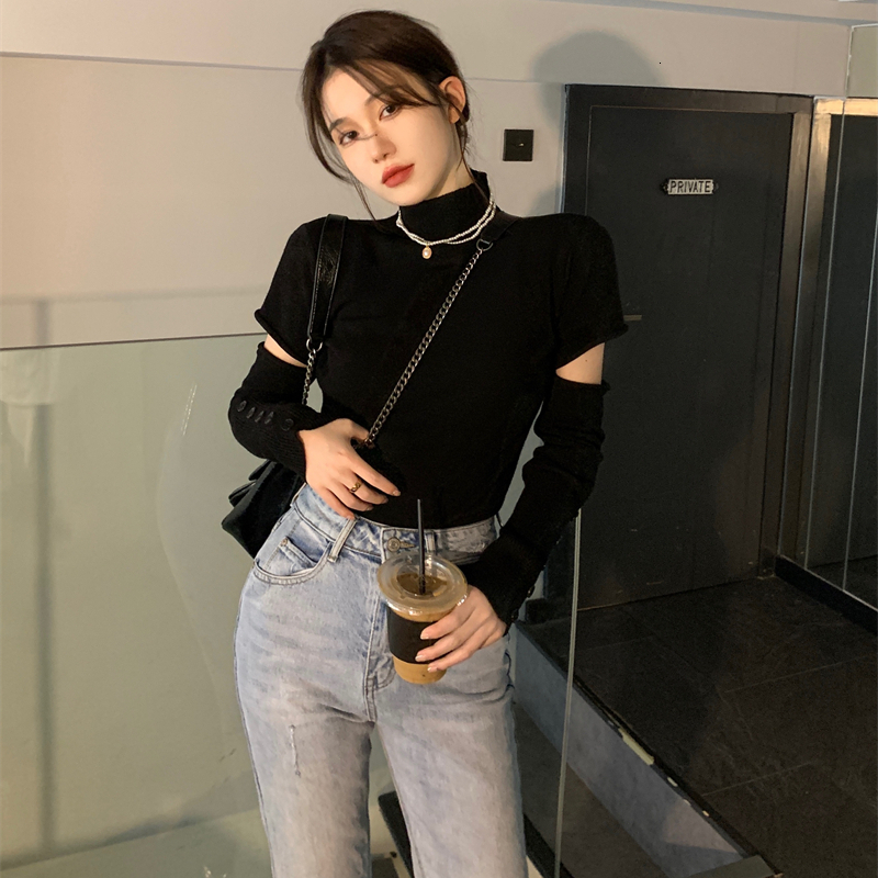 Women's Sweaters Pullovers Woman Spliced Fashion Solid Half High Collar Casual Office Ladies Slim All-match Streetwear Korean Style Simple Autumn