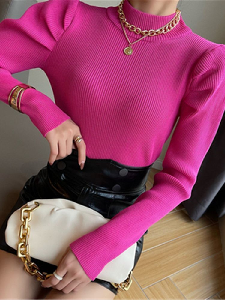 Women's Sweaters Vintage Puff Long Sleeve Turtleneck Knitted Sweater Pullovers Girls Solid Stretchy Streetwear Winter Thick Tops Jumpers Women 22