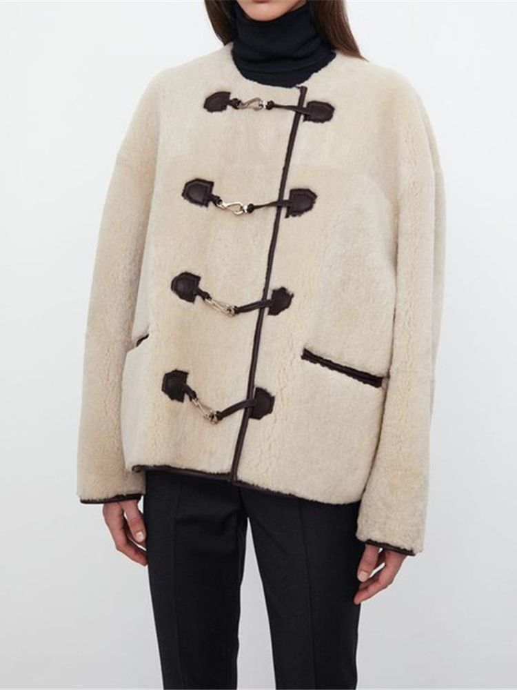 Women's Fur Faux Women O-Neck Coat Ladies Loose Long Sleeve Metal Buttons Outwear Female Jacket Tops 221123