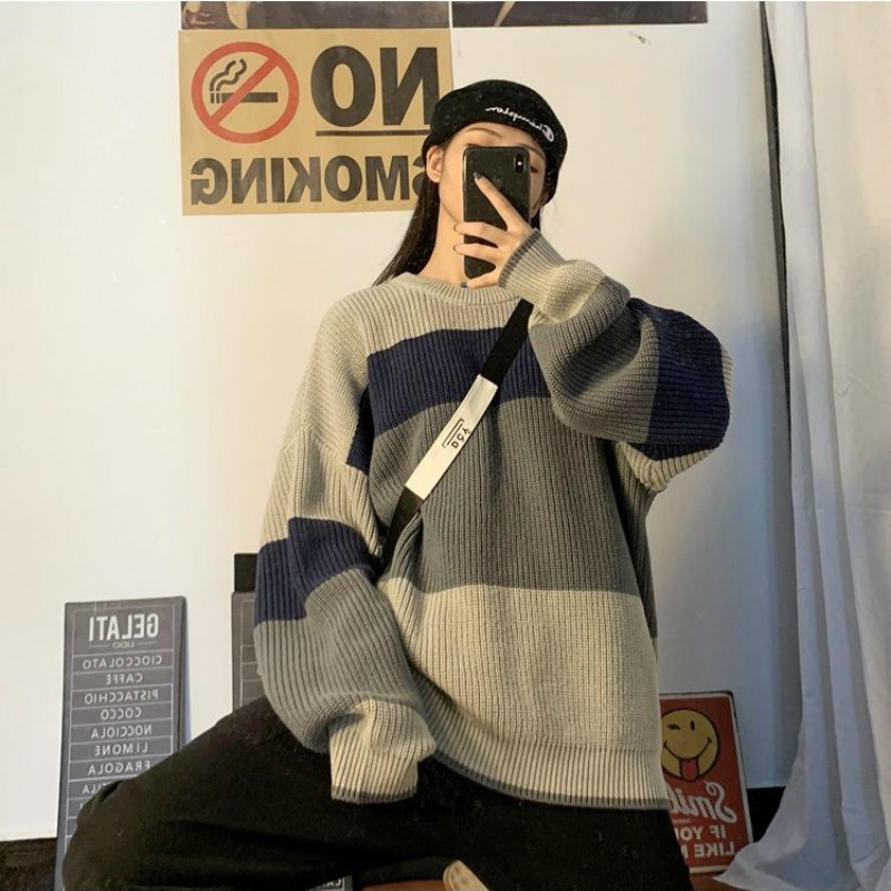 Women's Sweaters Pullovers Women High Street Chic BF Style Striped Harajuku Loose Soft Teens Clothing Fall Stylish Long Sleeve Feminino Knitwear 