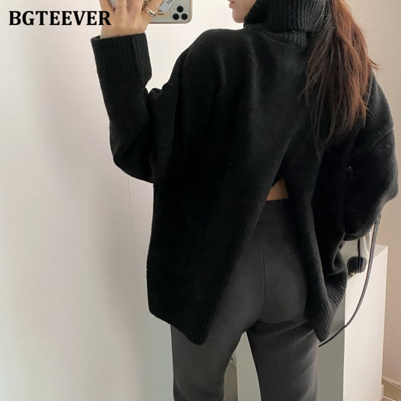 Women's Sweaters BGTEEVER Elegant Solid Turtleneck for Women Casual Long Sleeve Front Split Female Knitted Pullovers Autumn Winter 221123