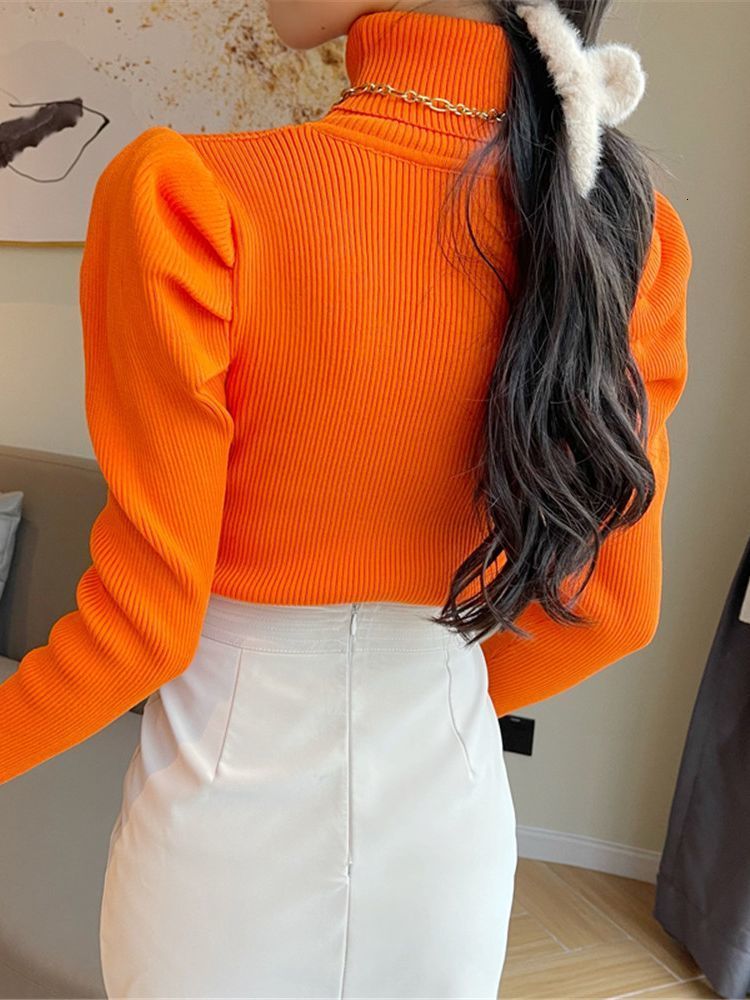 Women's Sweaters Vintage Puff Long Sleeve Turtleneck Knitted Sweater Pullovers Girls Solid Stretchy Streetwear Winter Thick Tops Jumpers Women 22