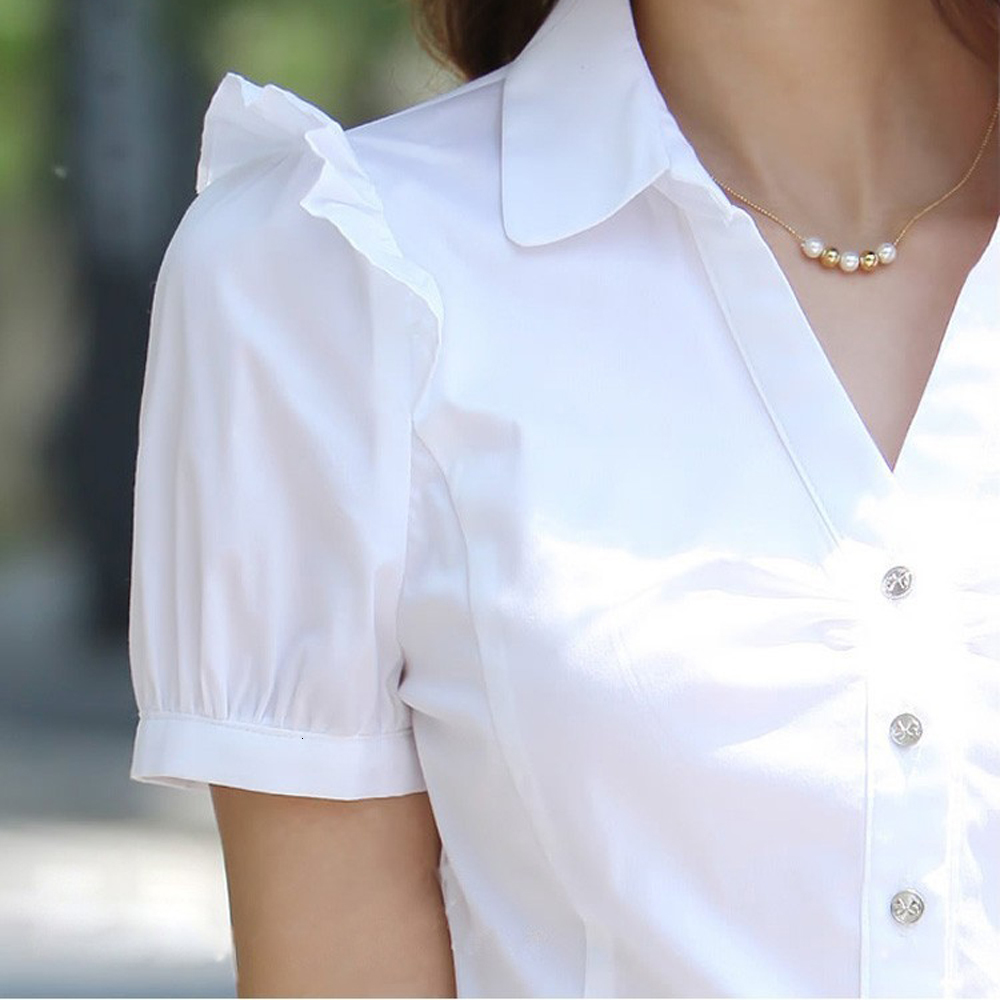 Women's Jumpsuits Rompers Plus Size 5XL Summer Women's Short Sleeve Cotton Blouses Shirts Ladies Office Wear Elegant Blouse Feminina White F