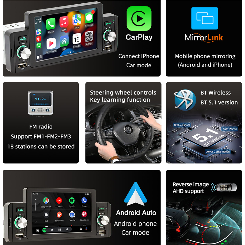 5 inch Apple CarPlay Car Stereo FM Radio MP5 Player Android Auto Mirrorlink Bluetooth Hands Free TF USB FM Receiver Audio System