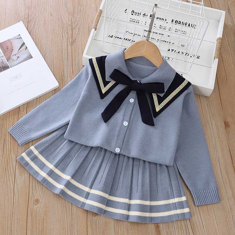 Clothing Sets Preppy Autumn Knitwear Girl pcs Clothes Set Baby Pullover Bowtie SweaterPleated Skirt Kids Children Student Wear S Y2211
