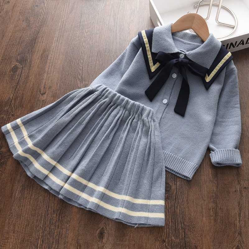 Clothing Sets Preppy Autumn Knitwear Girl pcs Clothes Set Baby Pullover Bowtie SweaterPleated Skirt Kids Children Student Wear S Y2211