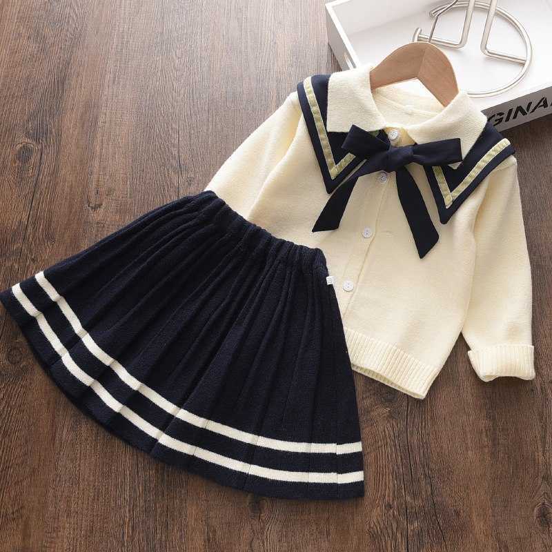 Clothing Sets Preppy Autumn Knitwear Girl pcs Clothes Set Baby Pullover Bowtie SweaterPleated Skirt Kids Children Student Wear S Y2211
