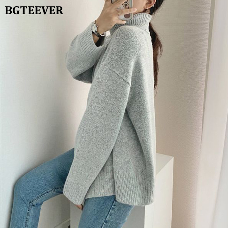 Women's Sweaters BGTEEVER Elegant Solid Turtleneck for Women Casual Long Sleeve Front Split Female Knitted Pullovers Autumn Winter 221123