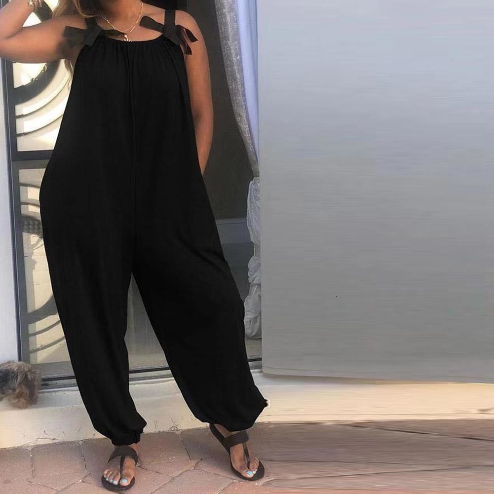 Women's Jumpsuits Rompers Casual Loose Women Solid Color Bow Strap Sleeveless Jumpsuit Long Pants Romper Women's Bib Sweet Wide Leg Romper 2