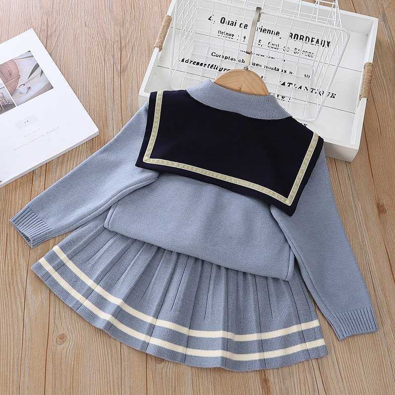 Clothing Sets Preppy Autumn Knitwear Girl pcs Clothes Set Baby Pullover Bowtie SweaterPleated Skirt Kids Children Student Wear S Y2211