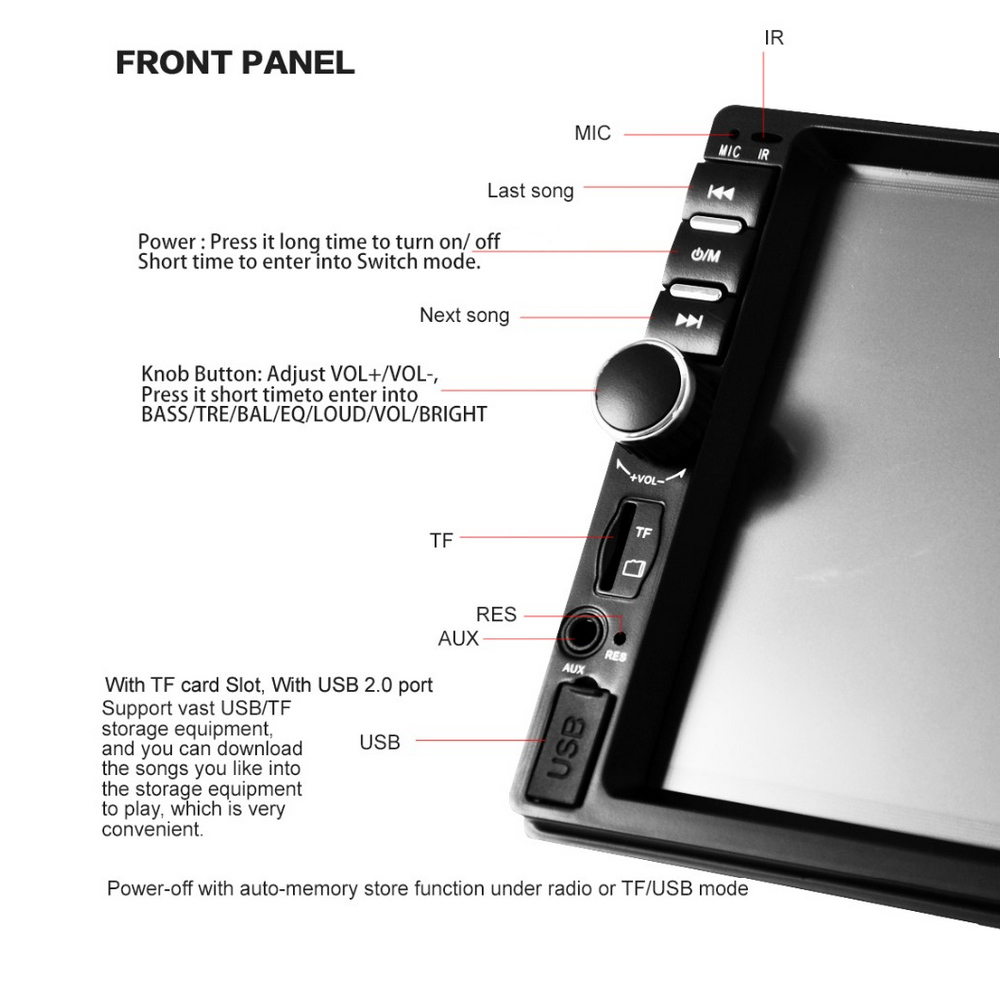 2 Din 7" Touch Screen Dash Car Radio MP5 Bluetooth USB Car Digital Player Multimedia Support Rearview Camera