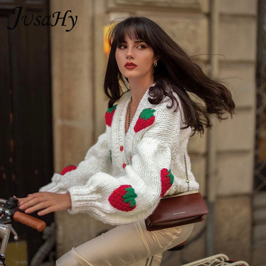 Women's Knits Tees JuSaHy Elegant Strawberry Decoration Christmas Cardigan Sweaters for Women Girls' Single Breasted Loose V-Neck Coat Cloth