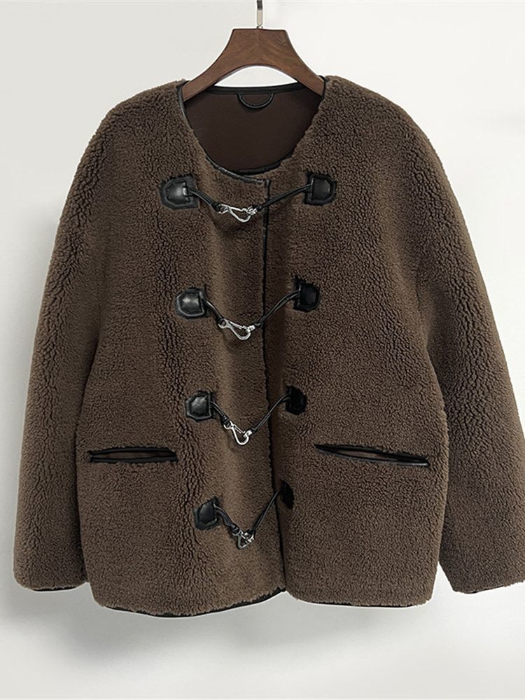 Women's Fur Faux Women O-Neck Coat Ladies Loose Long Sleeve Metal Buttons Outwear Female Jacket Tops 221123