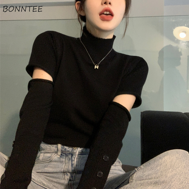 Women's Sweaters Pullovers Woman Spliced Fashion Solid Half High Collar Casual Office Ladies Slim All-match Streetwear Korean Style Simple Autumn