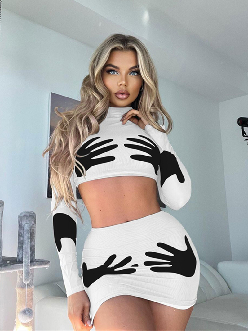 Two Piece Dress Y2K Two 2 Piece Sets Womens Outfits Autumn Clothing Sexy Hand Shape Print Crop Top Mini Skirt Sets INS 2Piece Women Dress Sets 221123