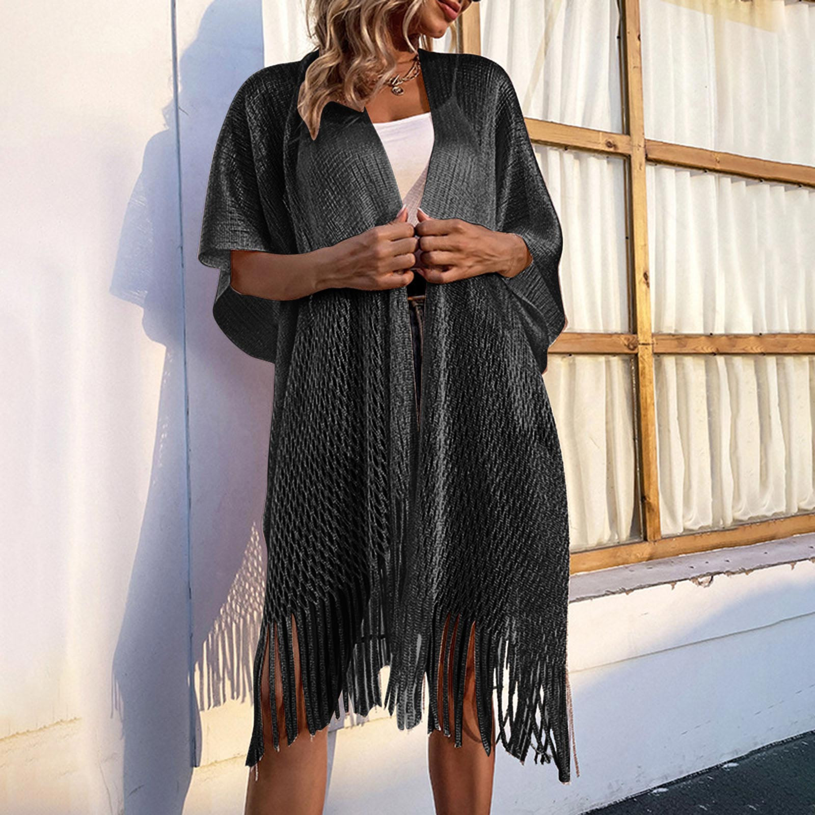 Women's Knits Tees Summer Solid Color Kimono Tassel Knitted Hollow Casual Cardigan Sun Protection Shirt Fringed Cape Cover Up Smock Coat 221123