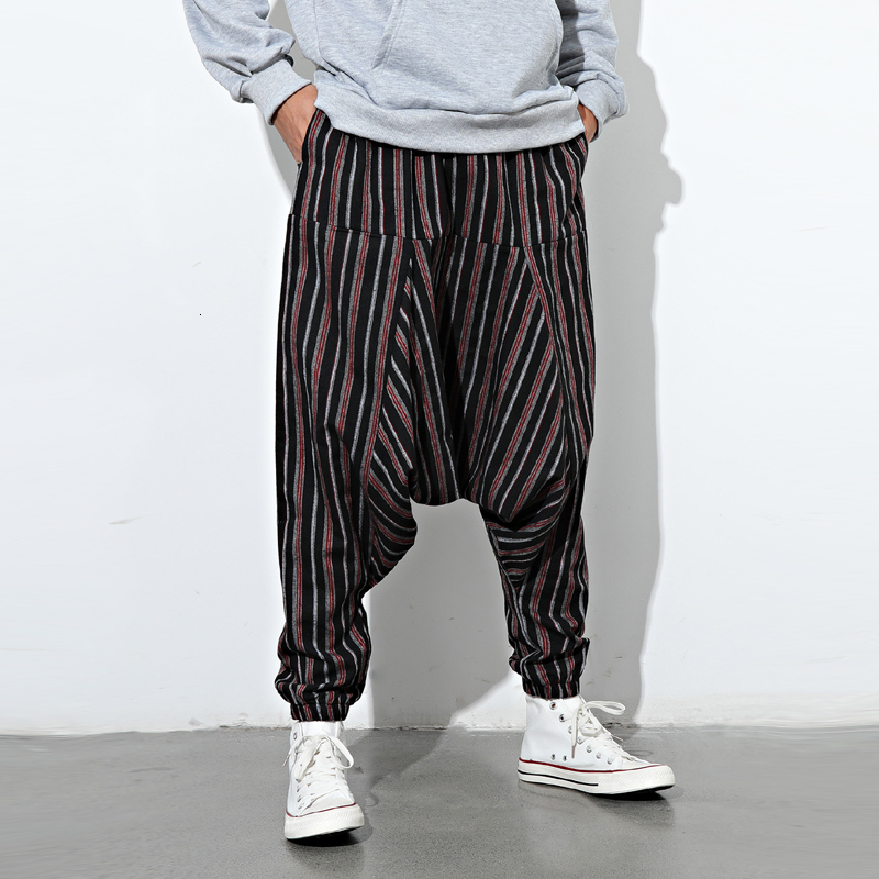 Men's Tracksuits Men Striped Pants Summer Drop Crotch Loose Vintage Boho Trousers Male Cotton Harem Hip Hop Streetwear Wide Leg 221122