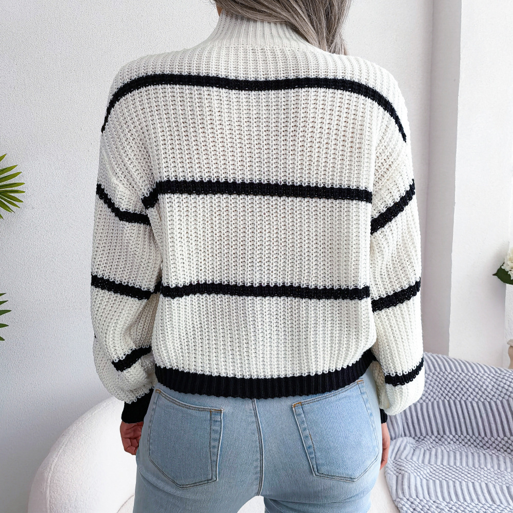 Women's Sweaters Women Fall Winter Casual Striped Lantern Sleeve Turtleneck Knit Sweater For Ladies Loose Fashion Chic Tops 221123