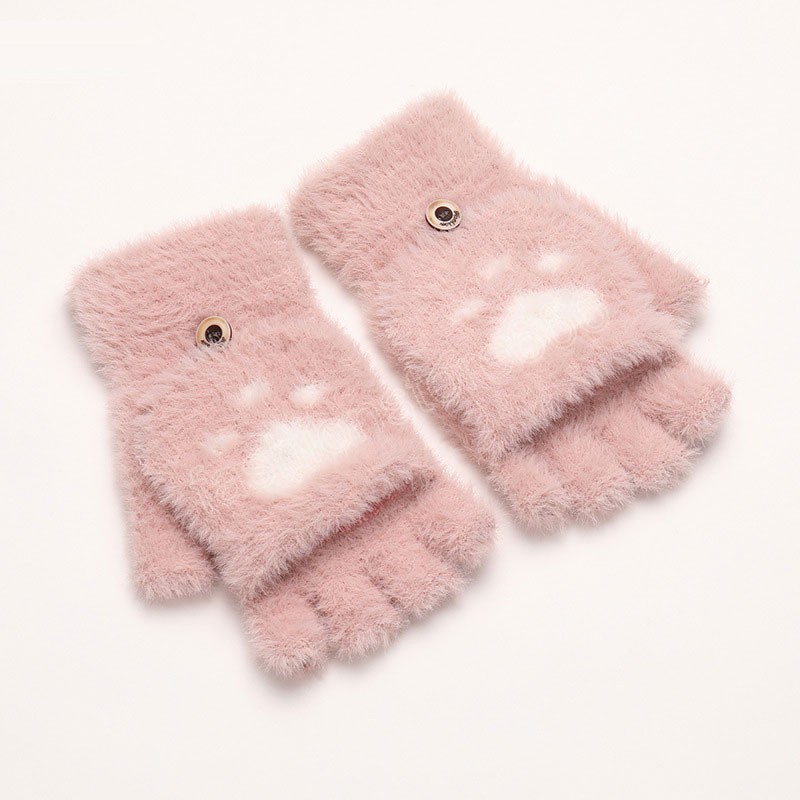 Warm Soft Rabbit Fur Knit Mittens Women Flip Half Finger Plush Thick Cute Cartoon Cat Claw Touch Screen Driving Gloves