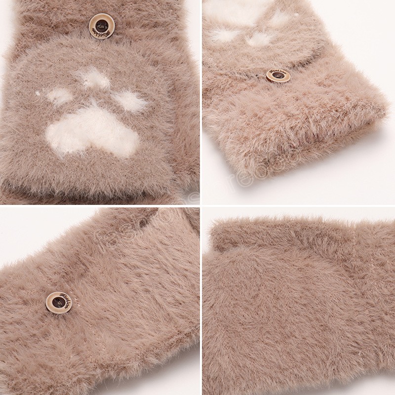 Warm Soft Rabbit Fur Knit Mittens Women Flip Half Finger Plush Thick Cute Cartoon Cat Claw Touch Screen Driving Gloves